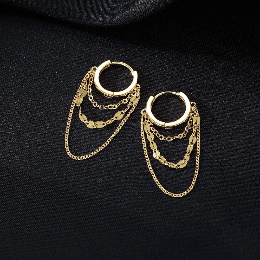 Gold Dangle Chain Hoop Earrings - Picture 3 of 5